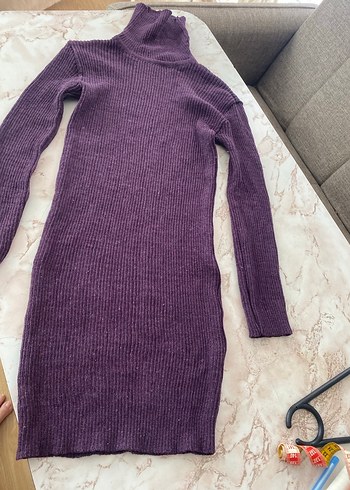 Mor Yüksek Yakalı Triko Kadın Elbise - Görsel 5