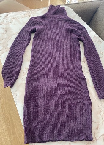 Mor Yüksek Yakalı Triko Kadın Elbise - Görsel 2