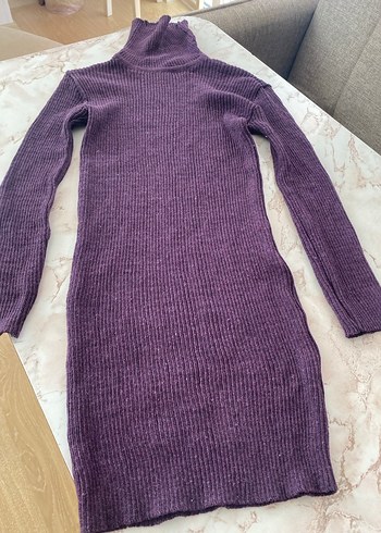 Mor Yüksek Yakalı Triko Kadın Elbise - Görsel 6