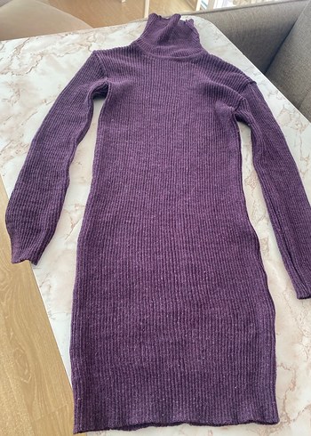 Mor Yüksek Yakalı Triko Kadın Elbise - Görsel 7