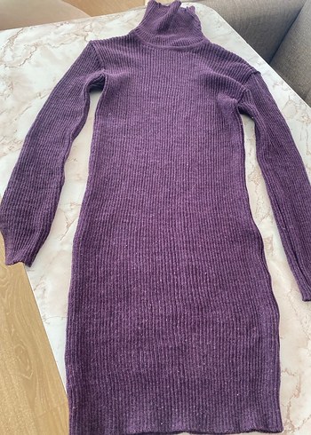 Mor Yüksek Yakalı Triko Kadın Elbise - Görsel 3