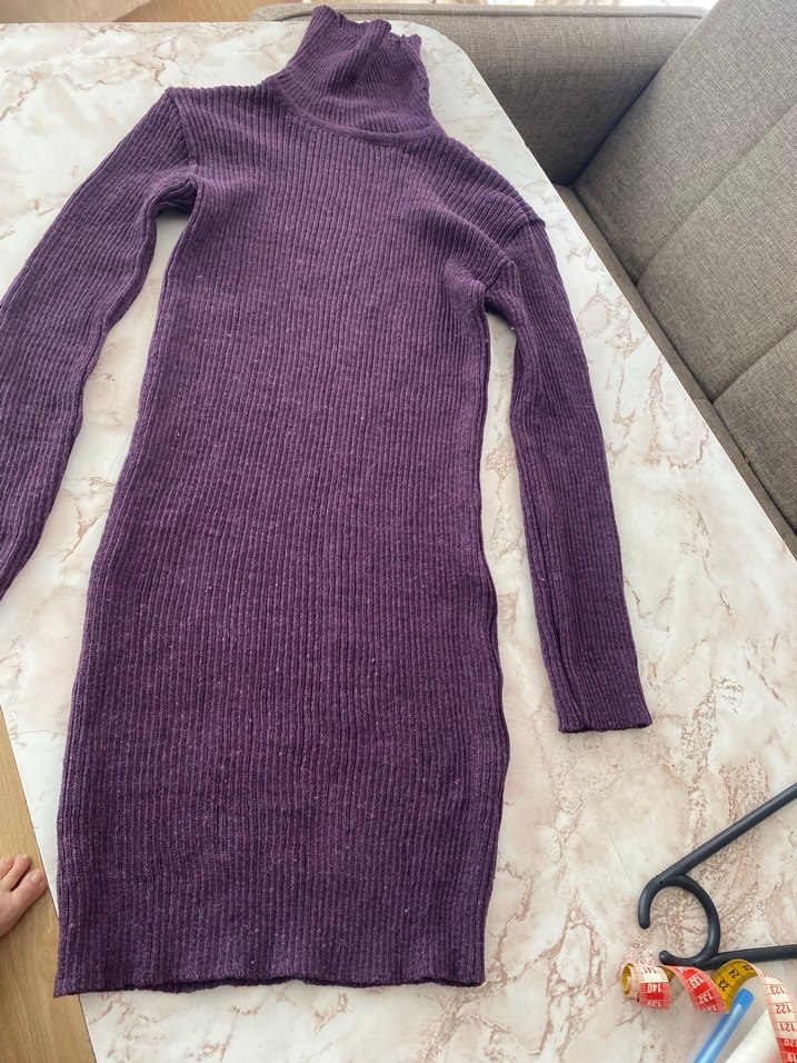Mor Yüksek Yakalı Triko Kadın Elbise - Görsel 5