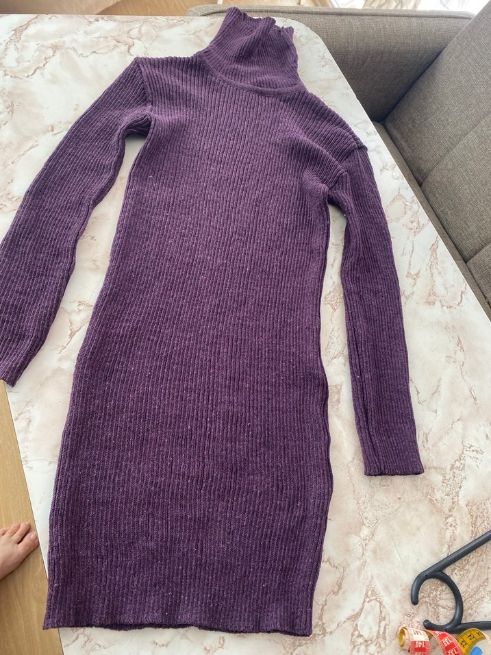 Mor Yüksek Yakalı Triko Kadın Elbise - Görsel 4