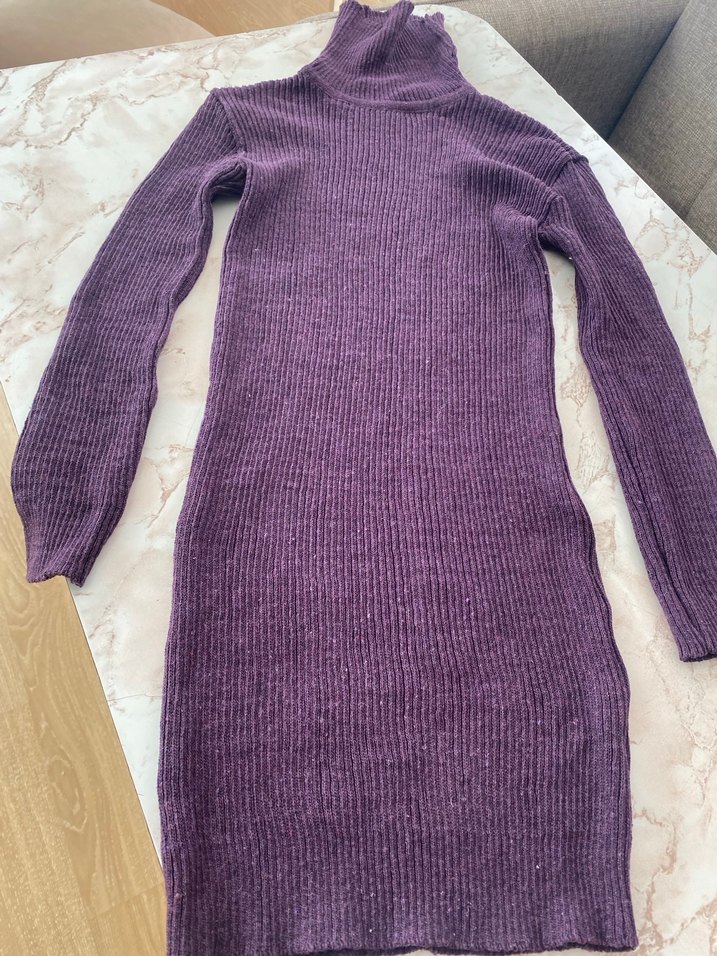 Mor Yüksek Yakalı Triko Kadın Elbise - Görsel 3