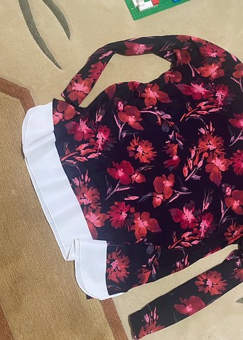 Bordo Çiçek Desenli Bohem örgü penye Bluz - Görsel 11