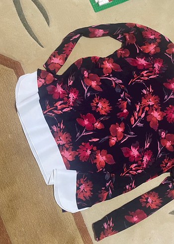 Bordo Çiçek Desenli Bohem örgü penye Bluz - Görsel 7