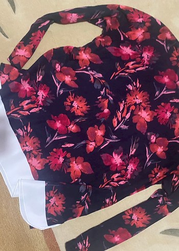 Bordo Çiçek Desenli Bohem örgü penye Bluz - Görsel 12