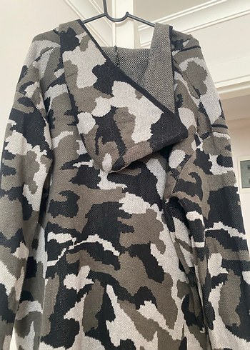 Gri Kamuflaj Desenli yün örgü Uzun Ceket - Görsel 3