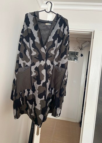 Gri Kamuflaj Desenli yün örgü Uzun Ceket - Görsel 10