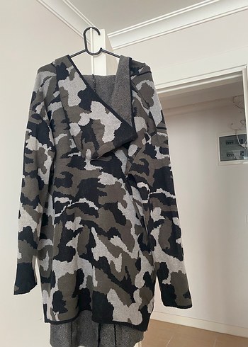 Gri Kamuflaj Desenli yün örgü Uzun Ceket - Görsel 15