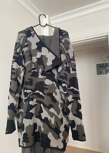Gri Kamuflaj Desenli yün örgü Uzun Ceket - Görsel 14