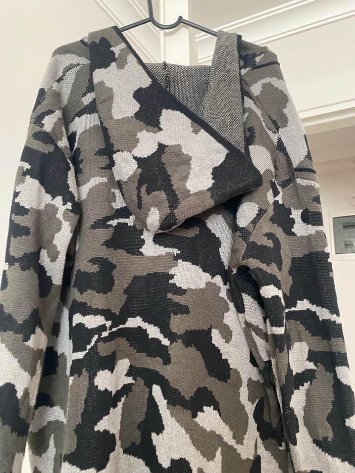 Gri Kamuflaj Desenli yün örgü Uzun Ceket - Görsel 3