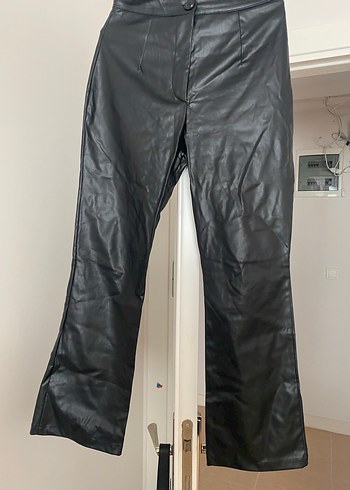 Düğmeli Siyah Deri Kadın Pantolon - Görsel 5