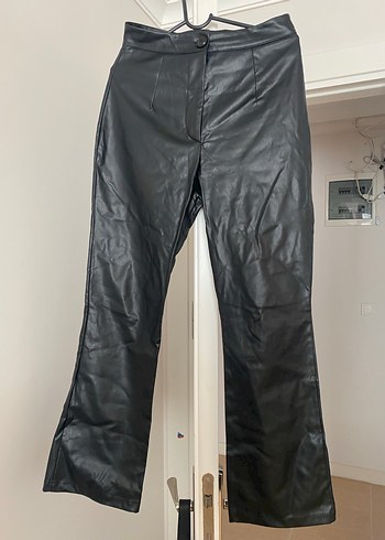 Düğmeli Siyah Deri Kadın Pantolon - Görsel 7