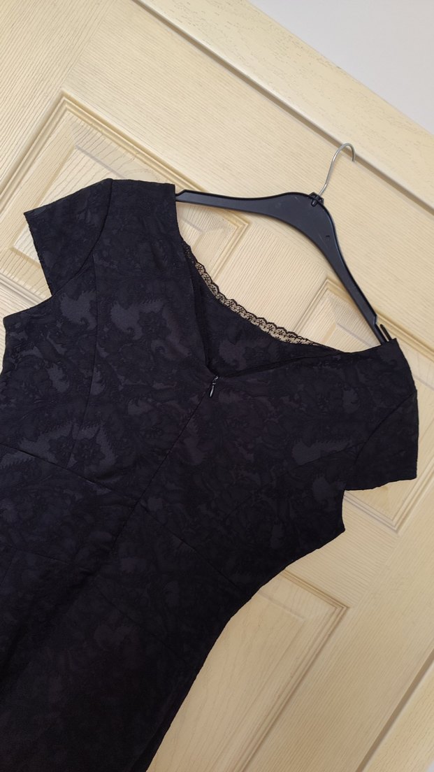 Dantel Detaylı Siyah Midi abiye Elbise - Görsel 2