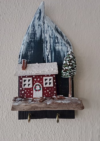 Kırmızı Ev ve Ağaç Dekoratif Ahşap Süs - Görsel 5