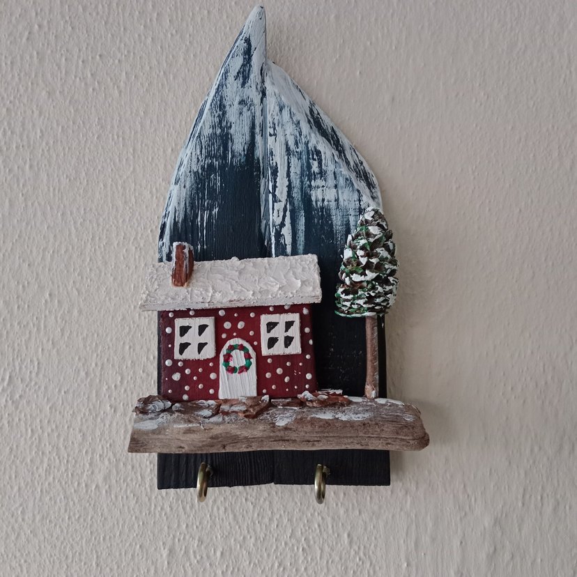 Kırmızı Ev ve Ağaç Dekoratif Ahşap Süs - Görsel 5