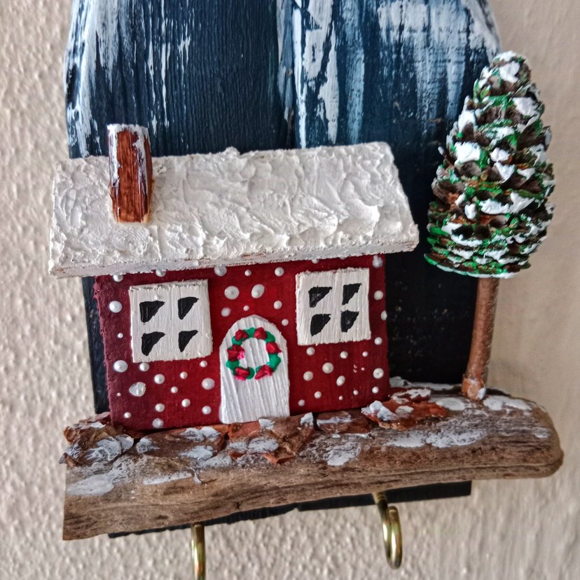 Kırmızı Ev ve Ağaç Dekoratif Ahşap Süs - Görsel 2