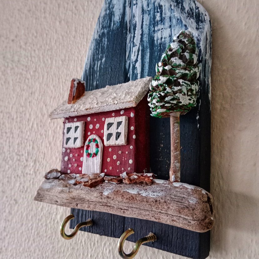 Kırmızı Ev ve Ağaç Dekoratif Ahşap Süs - Görsel 4
