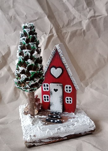 Kırmızı Kalpli Ahşap Ev Figürü #yılbaşı süsü - Görsel 3