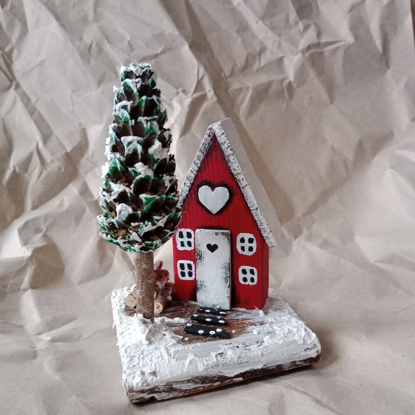 Kırmızı Kalpli Ahşap Ev Figürü #yılbaşı süsü - Görsel 3