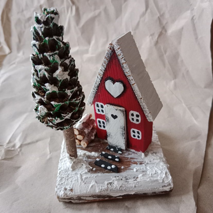 Kırmızı Kalpli Ahşap Ev Figürü #yılbaşı süsü - Görsel 2