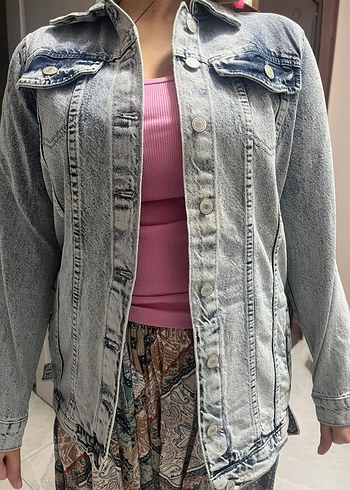 Gri Batik Desenli Kadın Denim Ceket