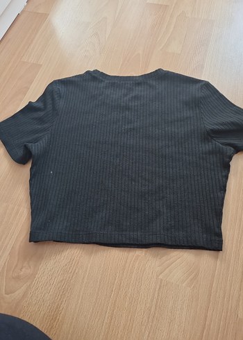 Düz Siyah Kadın Tişört, Yuvarlak Yaka, Kısa Kollu krop buluz - Görsel 3