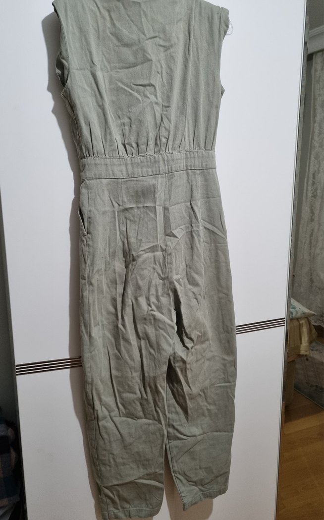 Düğmeli Keten tulum elbise - Görsel 5