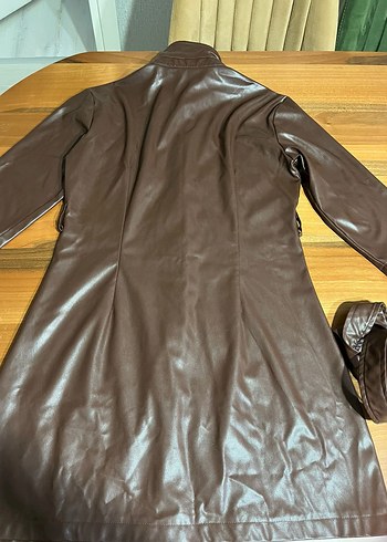 Düğmeli Kahverengi Deri Kadın Kaban - Görsel 2