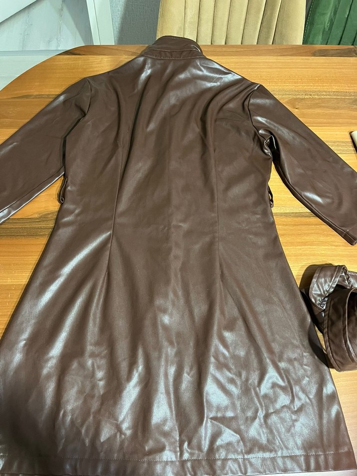 Düğmeli Kahverengi Deri Kadın Kaban - Görsel 2