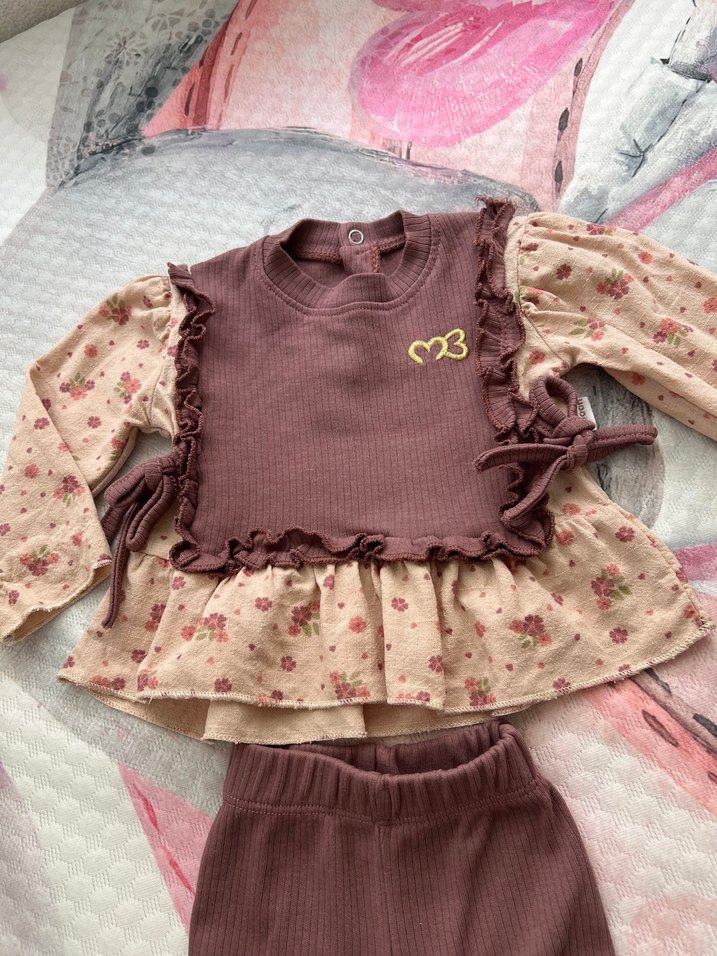 Kahverengi Fırfırlı Uzun Kollu Bebek Kız Takım 6-9 ay - Görsel 3