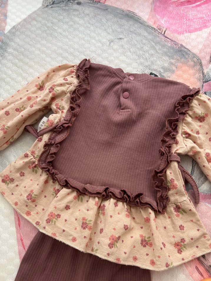 Kahverengi Fırfırlı Uzun Kollu Bebek Kız Takım 6-9 ay - Görsel 5