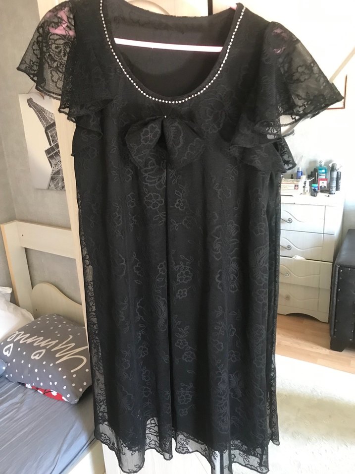 Dantel Detaylı Siyah Midi Elbise - Görsel 3