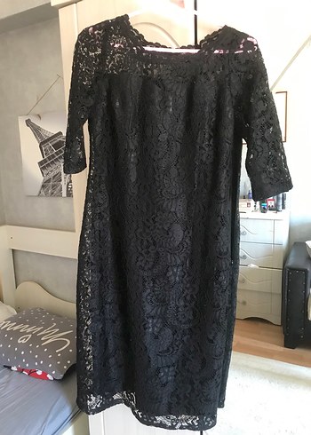 Siyah Dantel Midi Elbise, Kısa Kollu, Tek Parça