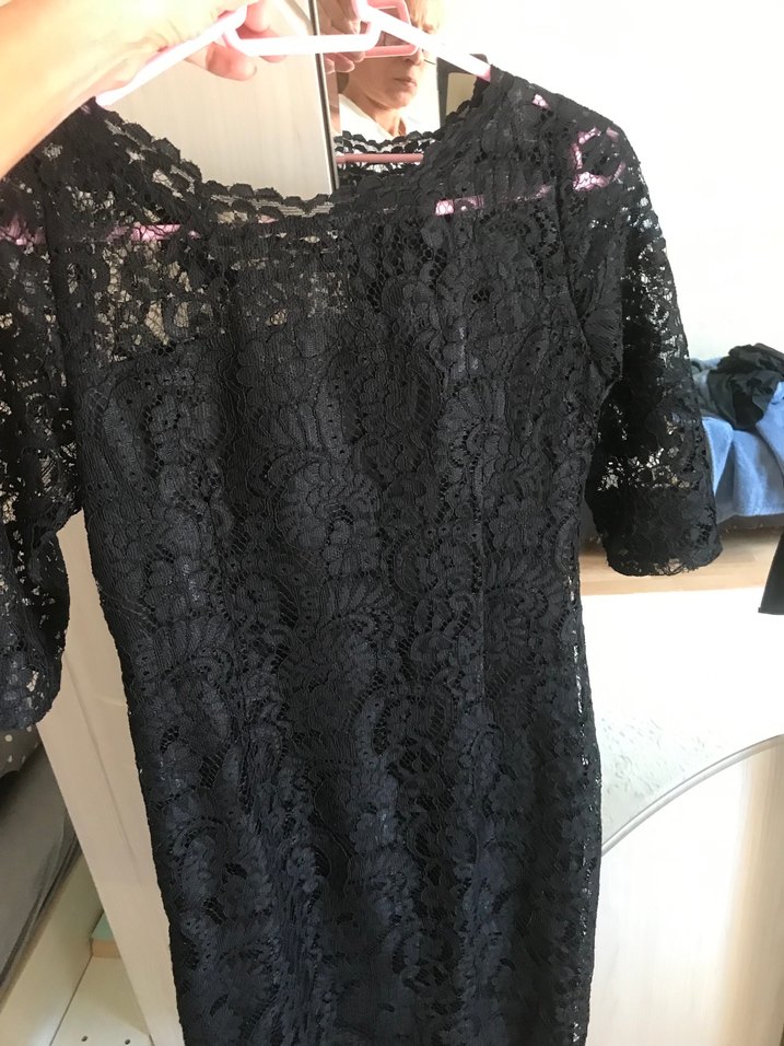 Siyah Dantel Midi Elbise, Kısa Kollu, Tek Parça - Görsel 5