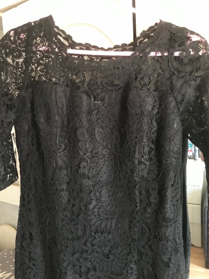 Siyah Dantel Midi Elbise, Kısa Kollu, Tek Parça - Görsel 2