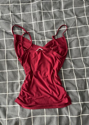 Stradivarius Bordo Drapeli İnce Askılı V Yaka bluz - Görsel 2