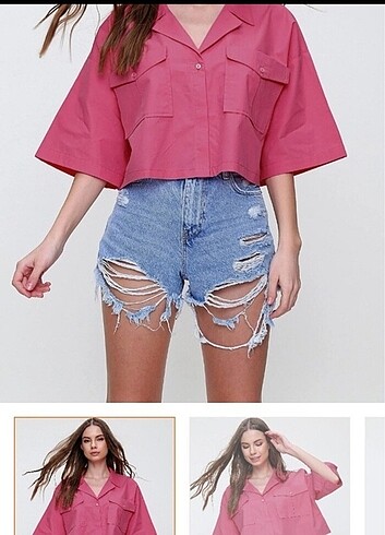 Pembe crop oversize gömlek