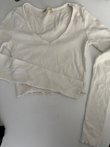 xs Beden Pull&bear v yaka beyaz crop