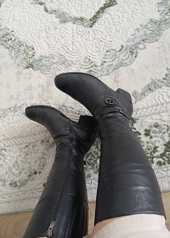 Gri Deri Tokalı Dizüstü Stiletto Çizme - Görsel 2