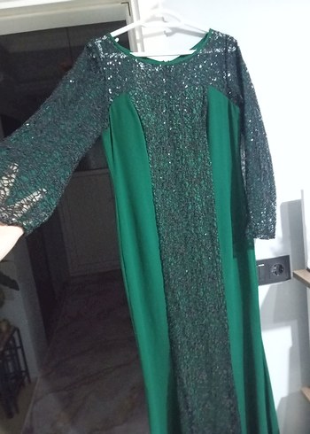 Uzun Kollu Yeşil Drapeli Abiye Elbise - Görsel 2