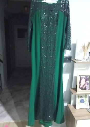 Uzun Kollu Yeşil Drapeli Abiye Elbise - Görsel 4