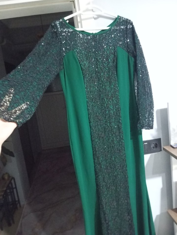 Uzun Kollu Yeşil Drapeli Abiye Elbise - Görsel 2