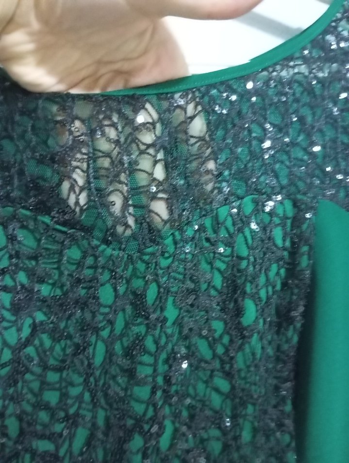 Uzun Kollu Yeşil Drapeli Abiye Elbise - Görsel 5