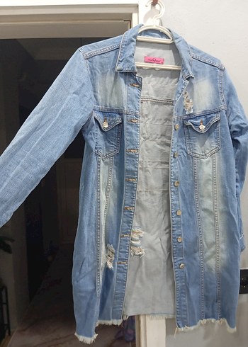 Düğmeli Uzun Mavi Kot Ceket - Görsel 2