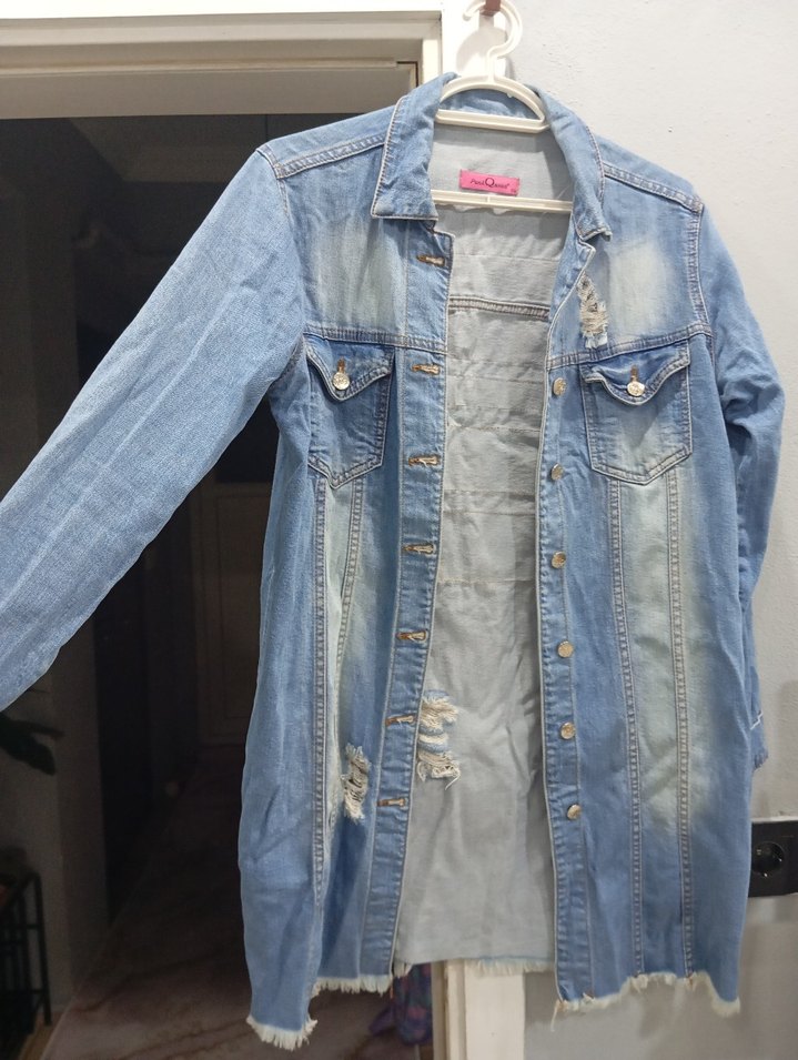 Düğmeli Uzun Mavi Kot Ceket - Görsel 2