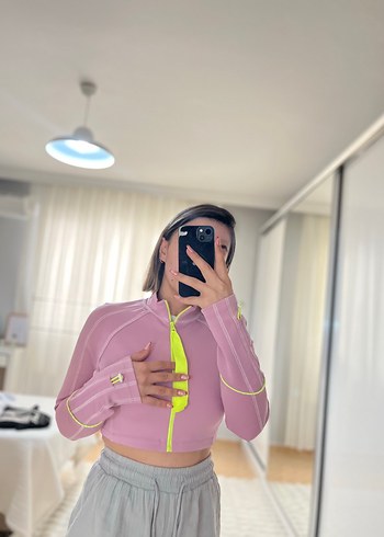 s Beden pembe Renk Fermuarlı Pembe Yüksek Yakalı crop dalgıç kumaş