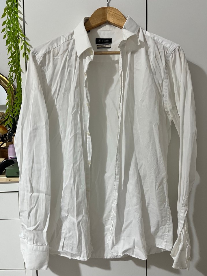 Beyaz Erkek Keten Gömlek, Uzun Kollu, Düğmeli - Görsel 2