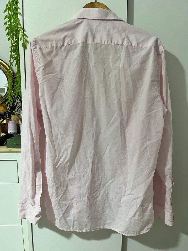 Pembe Keten Erkek Gömlek, Uzun Kollu, Düğmeli - Görsel 3